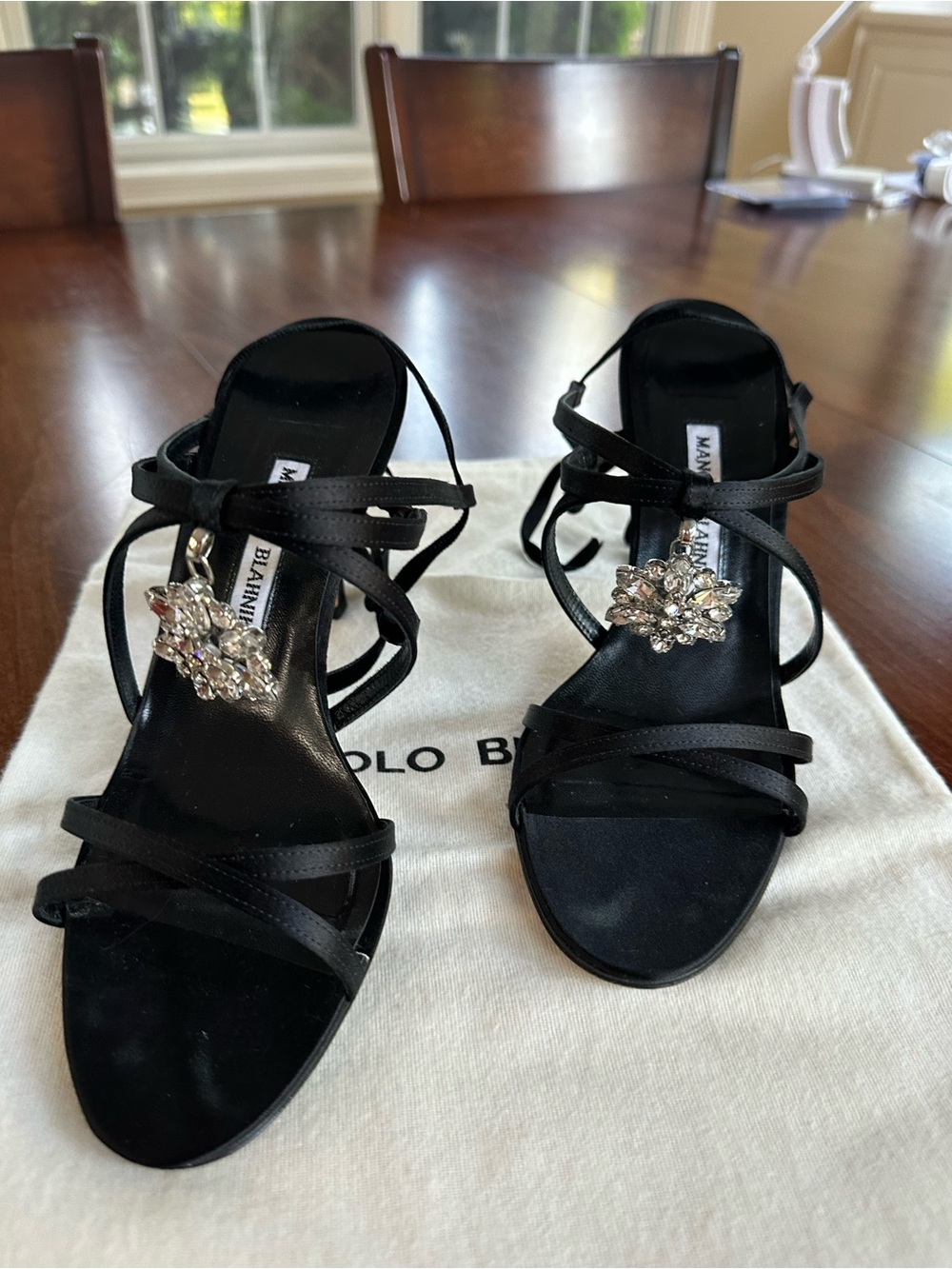 Manolo Blahnik Black Satin Crystal-Embellished Strappy Heels